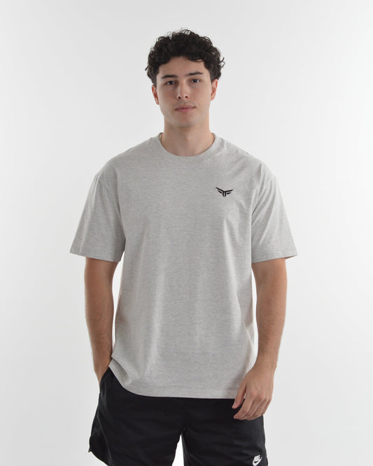 Person wearing a gray t-shirt with a small logo on a white background