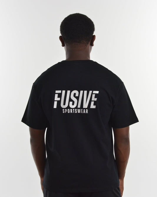 Person wearing a black t-shirt with 'Fusive Sportswear' logo on the back against a white background