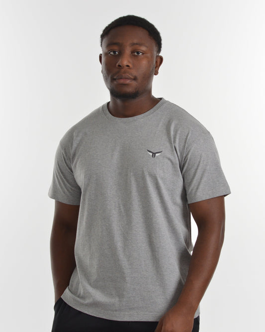 Man wearing a gray t-shirt with a small logo on a white background