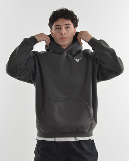 Person wearing a dark gray hoodie on a white background
