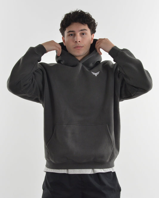 Person wearing a dark gray hoodie on a white background