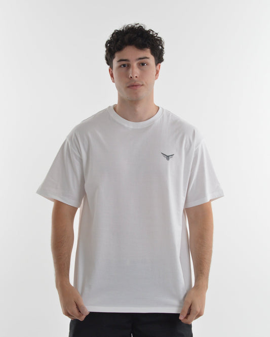 Person wearing a white t-shirt with a logo on a white background