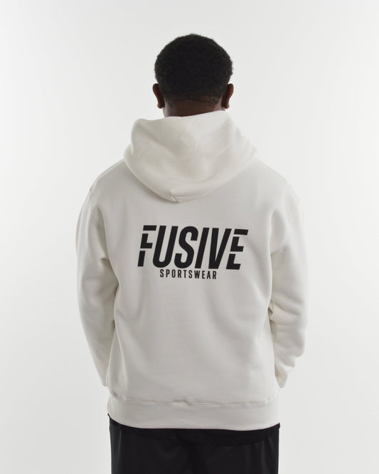 Person wearing a white hoodie with 'Fusive Sportswear' logo on the back against a white background