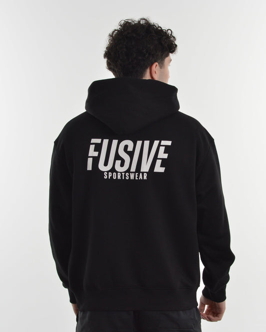 Person wearing a black hoodie with 'FUSIVE' branding on the back against a white background